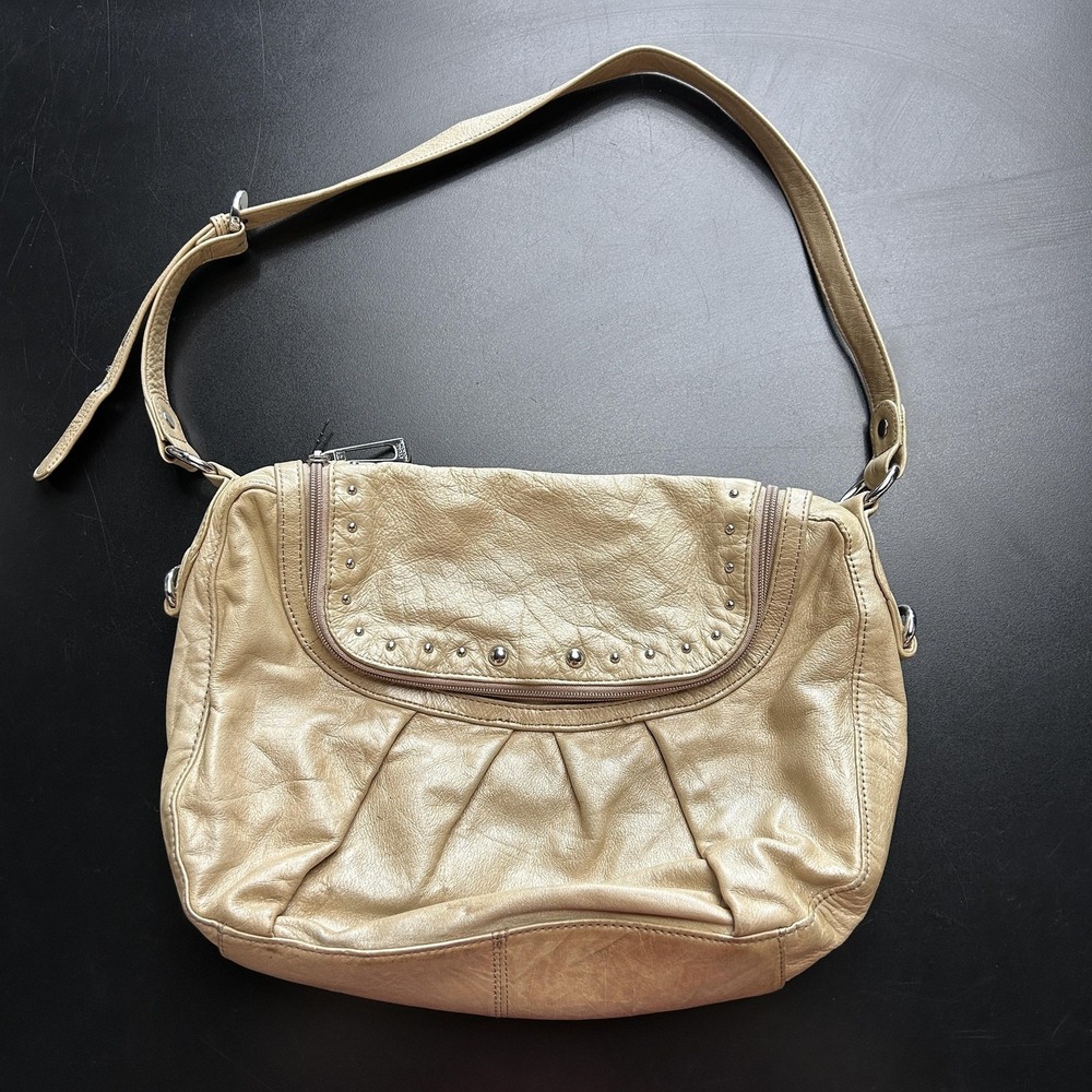 Stone Mountain Hobo Bag Womens Medium Gold Leather Studded Zip Shoulder Purse